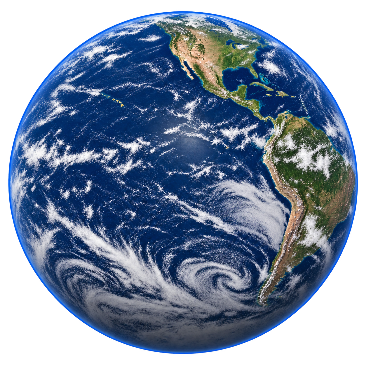 Blue ocean, natural coastlines and fine white clouds along Earth's curved horizon.